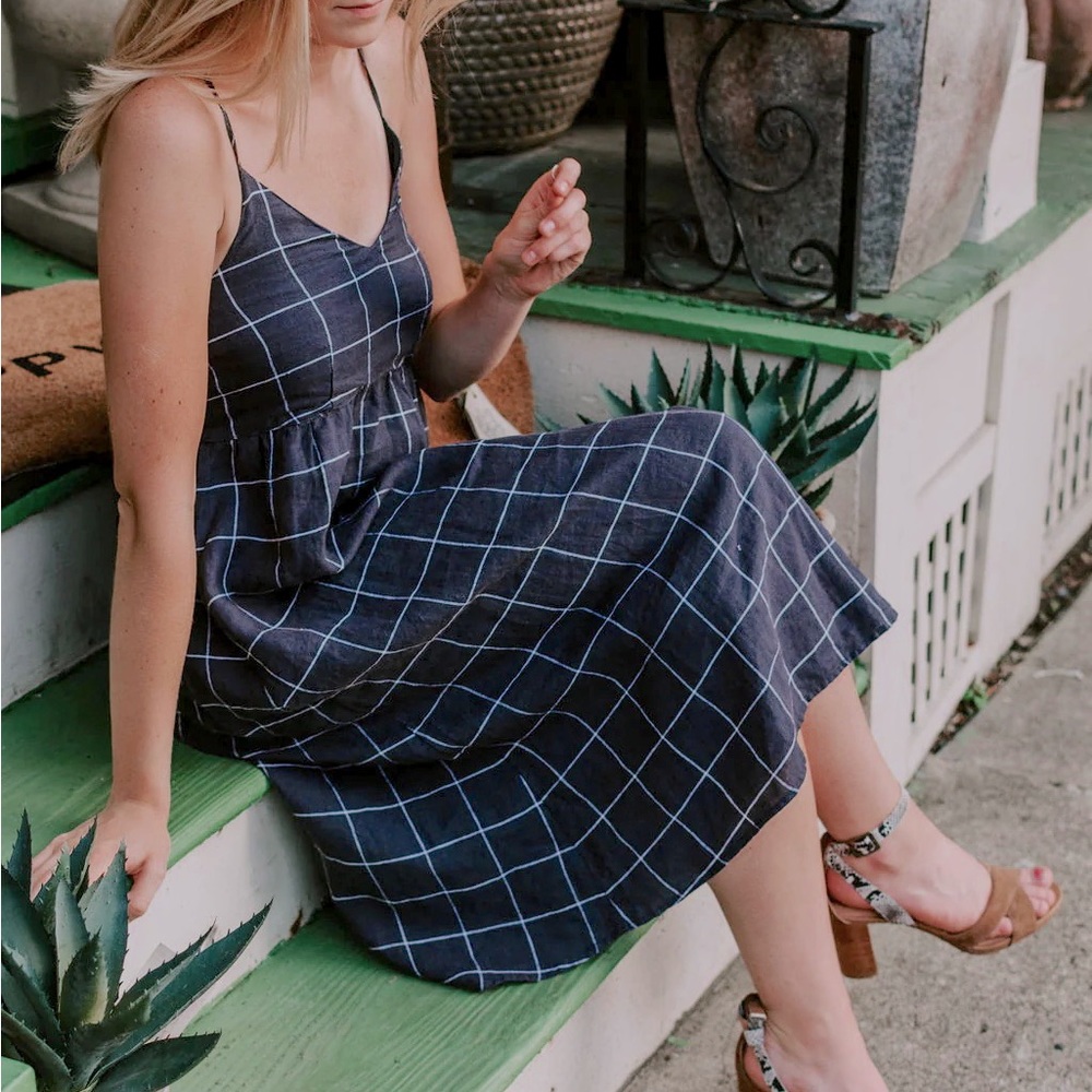 Cynthia Rowley Linen Strappy Windowpane Plaid Charcoal Gray Sundress Women Sz 8